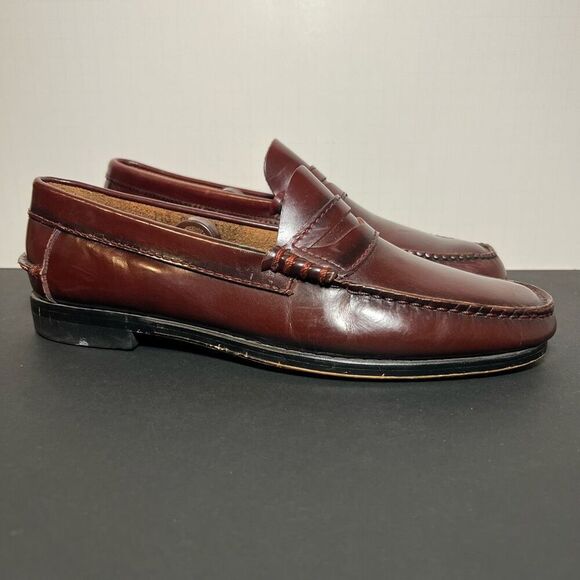 Mens HANDSEWN Cognac Brown Leather Slip On Moccasin Loafers / Size 9.5 Medium - Picture 1 of 8